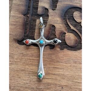 Vintage Native 925 Sterling Multicolor Cross Pendant Turquoise Coral Signed